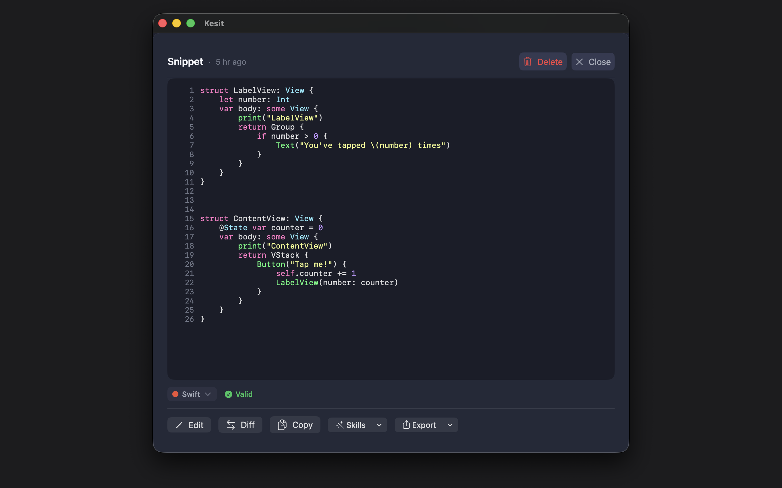 Kesit snippet detail — syntax-highlighted code with Edit, Diff, Copy, Skills, and Export