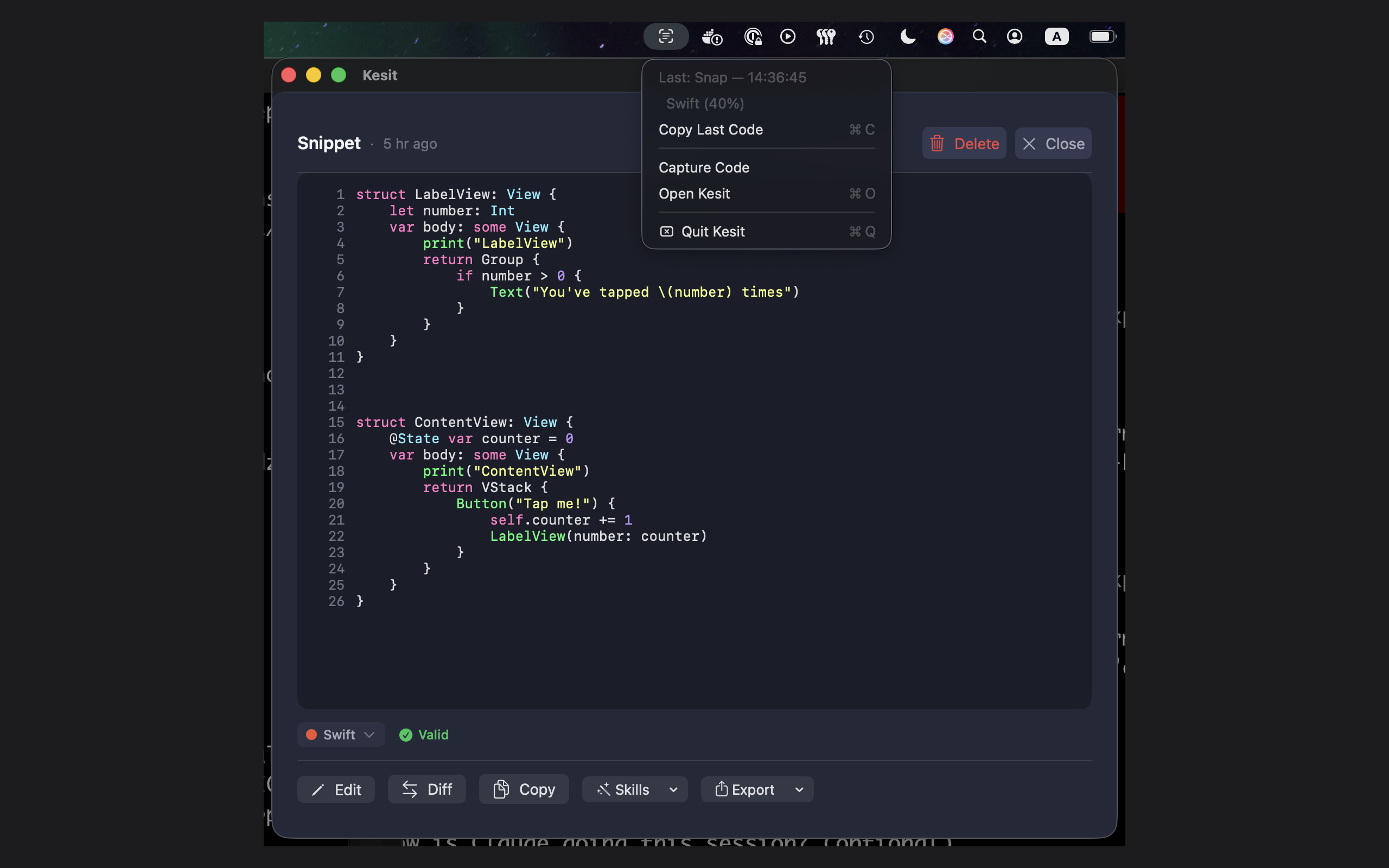 Kesit menu bar — quick access to copy, capture, and open