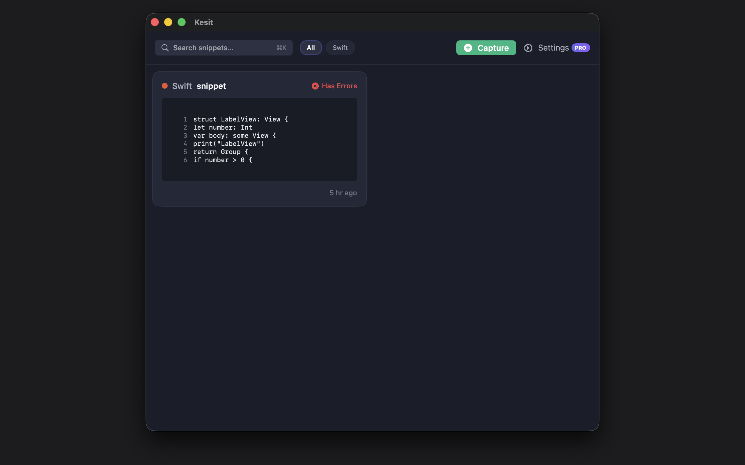 Kesit main window — searchable snippet library with code preview